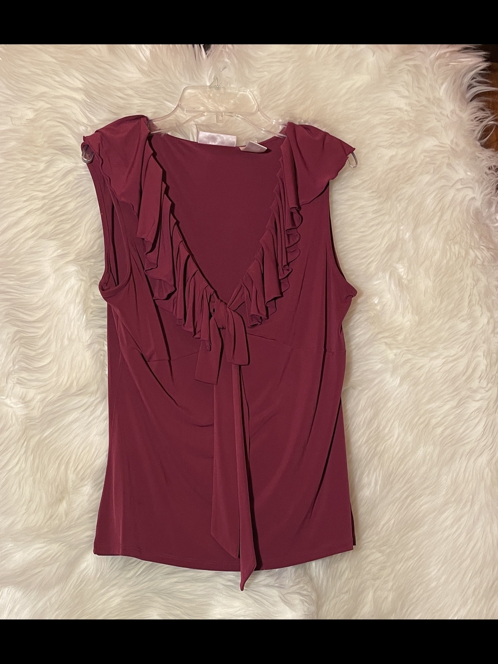Sleeveless Ruffle Tie-Neck Top in Deep Wine